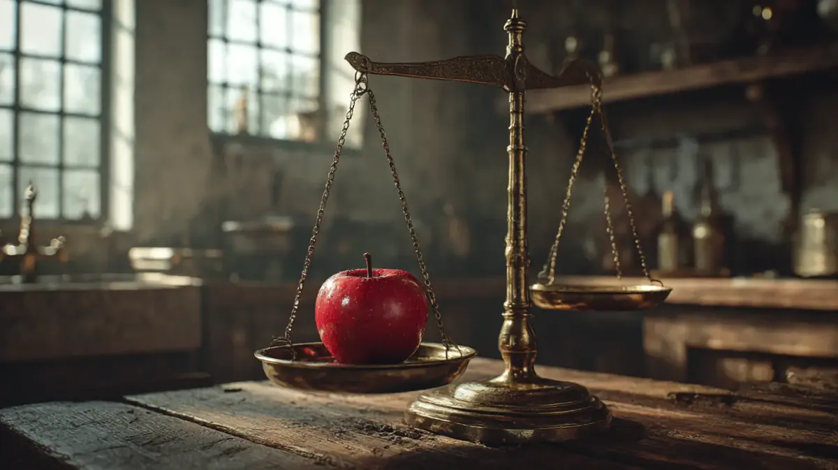 Une pomme rouge éclatante repose sur le plateau en laiton d'une balance antique